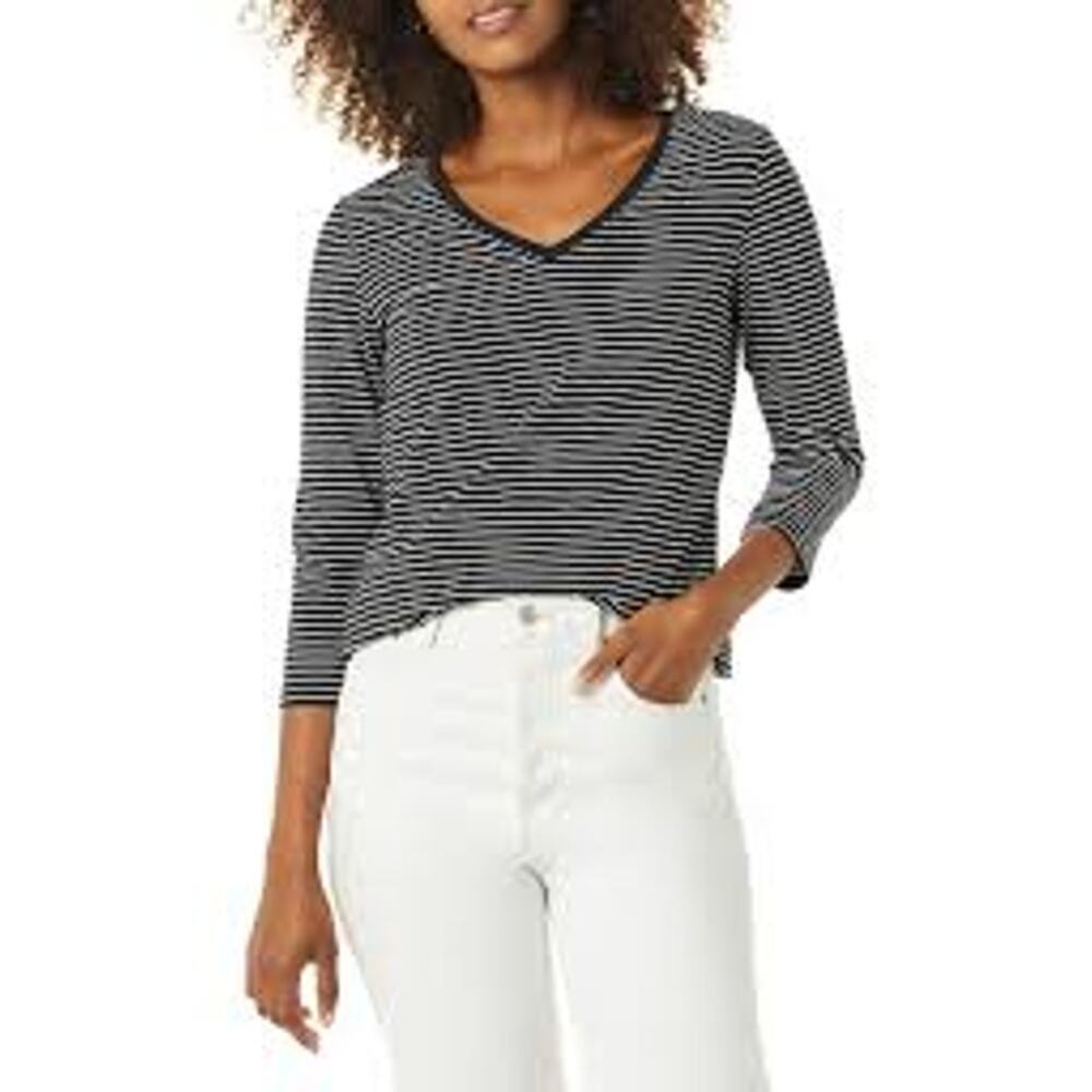 Amazon Essentials Black White Striped V-Neck 3/4 Sleeve Top Women's Size XXL